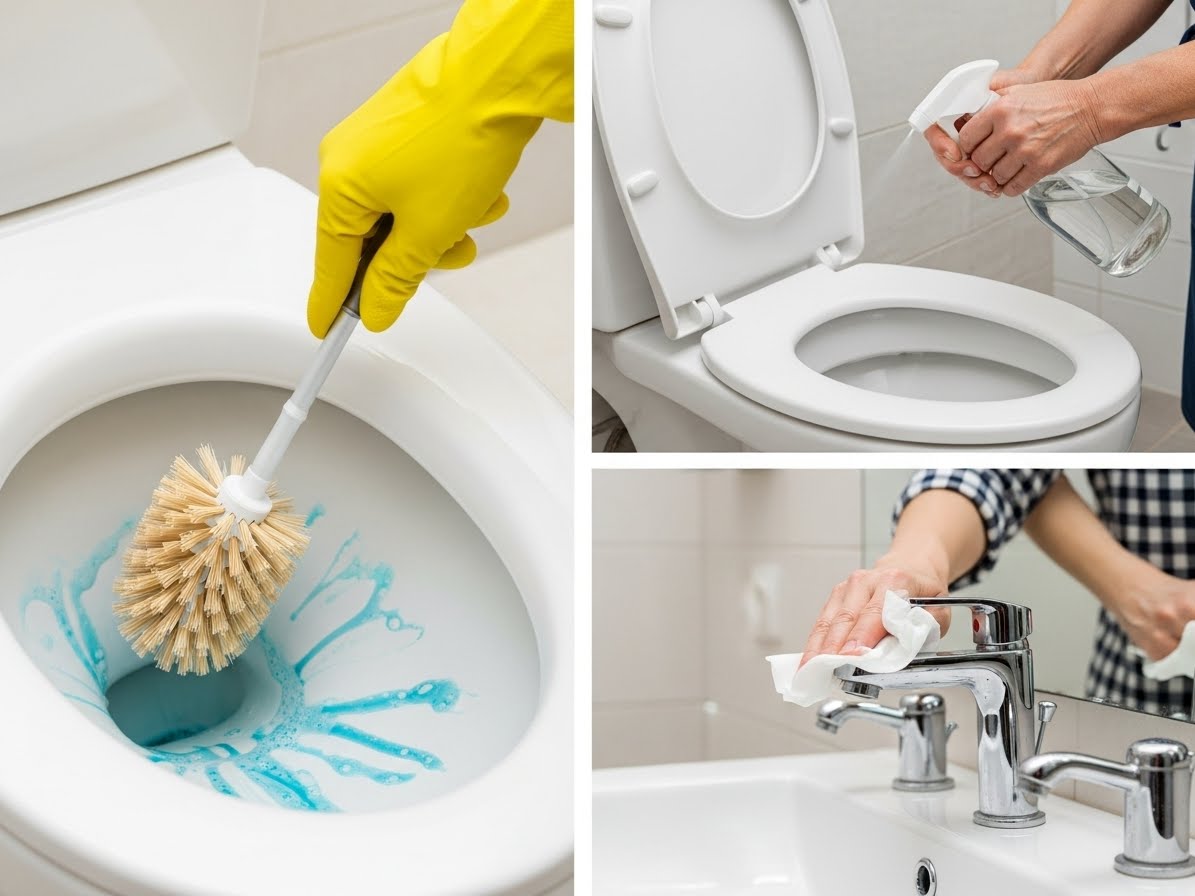 La rutina de 5 minutos se utiliza para limpiar todos los baños y dejarlos secos. content image